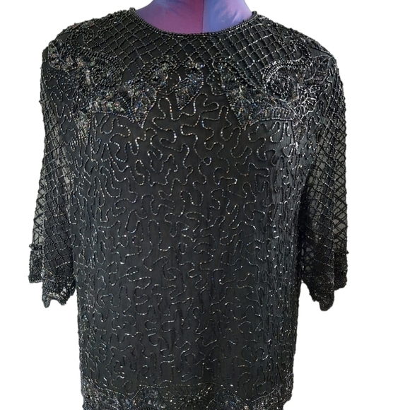 Justine Todd Silk Evening Beaded Blouse Black Size Medium Women's - Picture 6 of 15